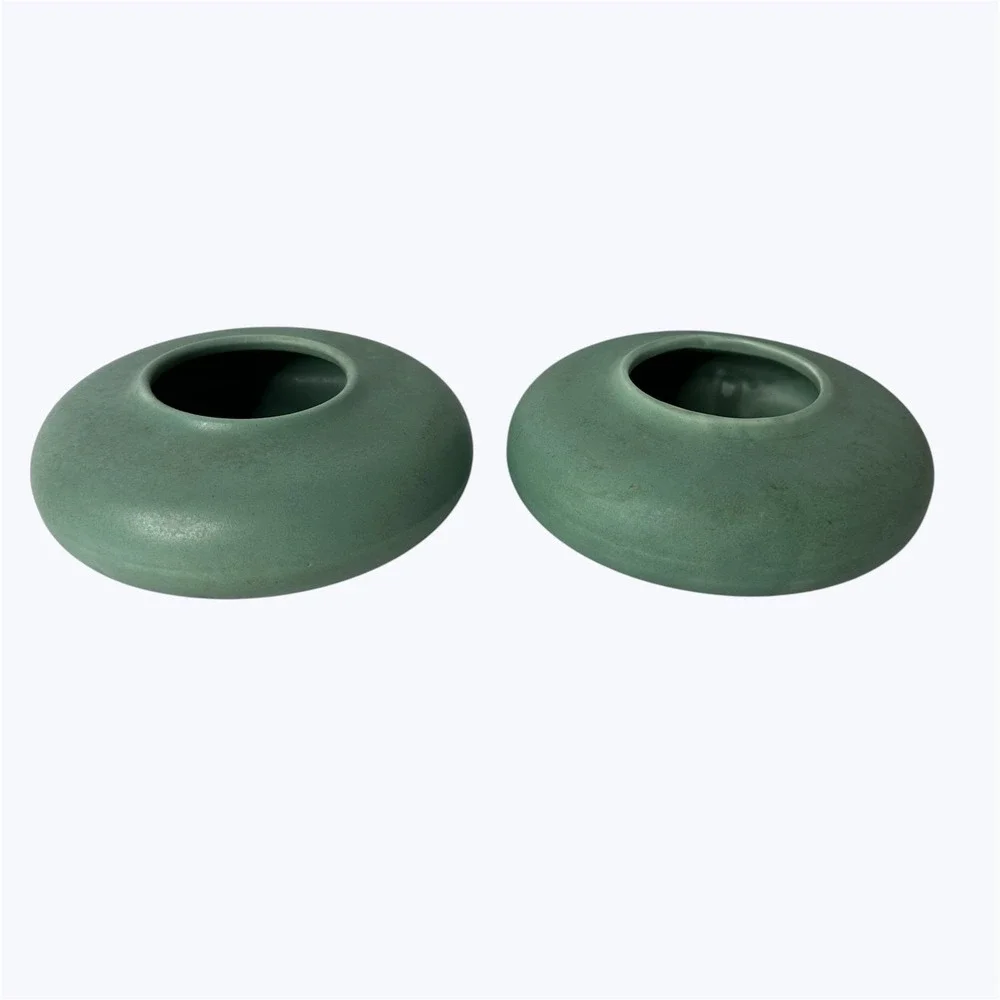 2 Art‎ Pottery Matte Green Low Profile Round Vases MCM Style Unmarked 2